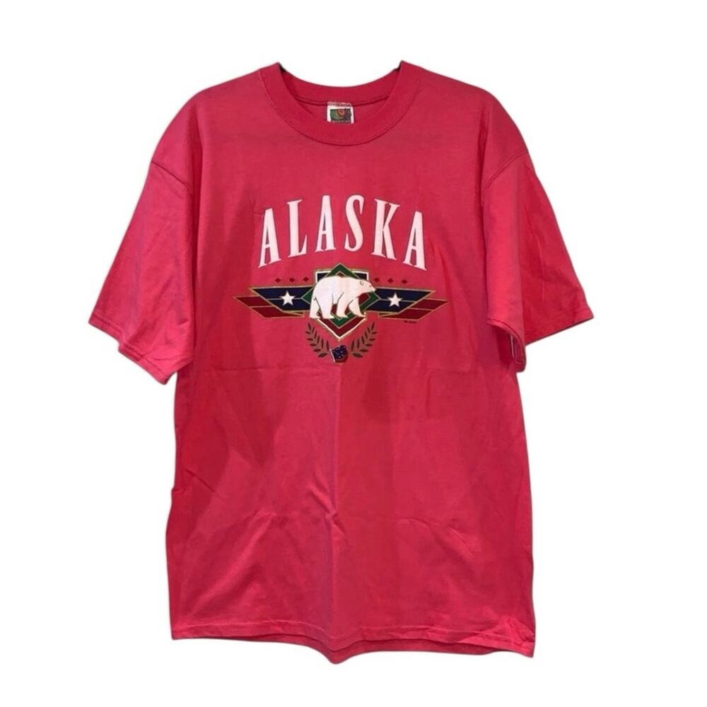 Vintage Alaska Polar Bear Graphic T Shirt Pink Fruit of the Loom L USA Travel